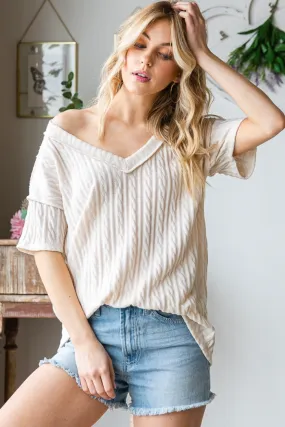 Cable Knit V Neck Short Sleeve