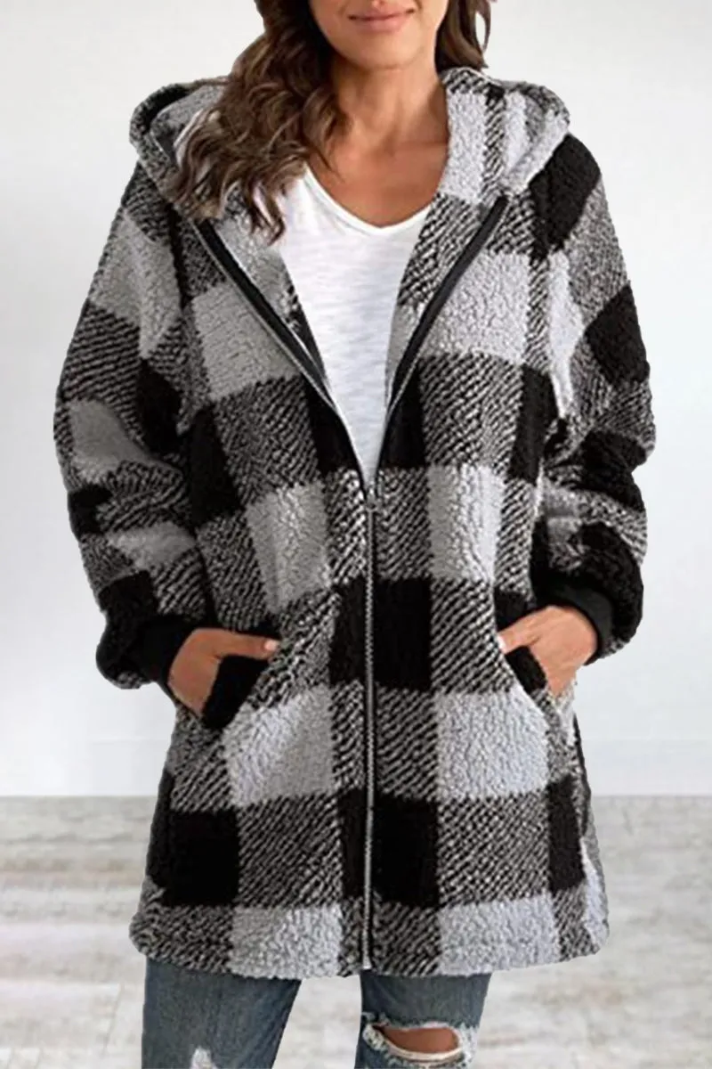 Casual Plaid Frenulum Contrast Zipper Hooded Collar Outerwear