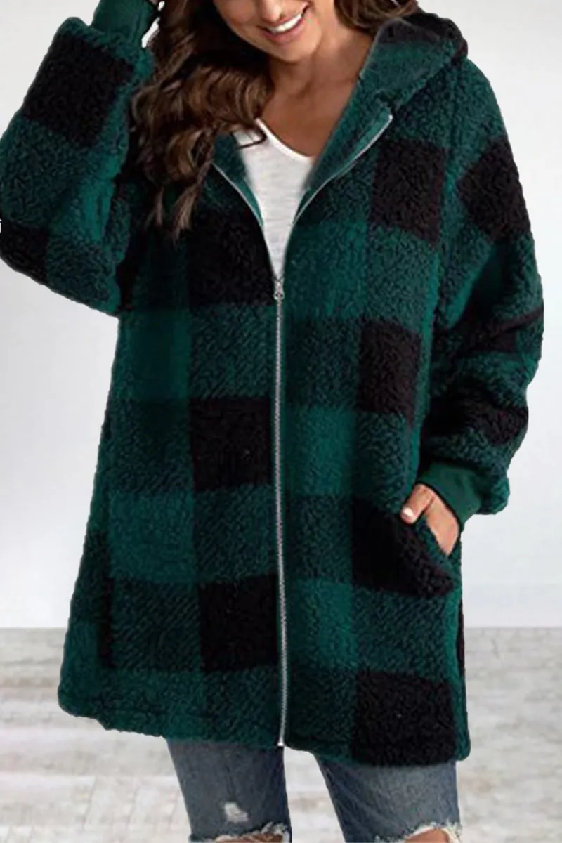 Casual Plaid Frenulum Contrast Zipper Hooded Collar Outerwear