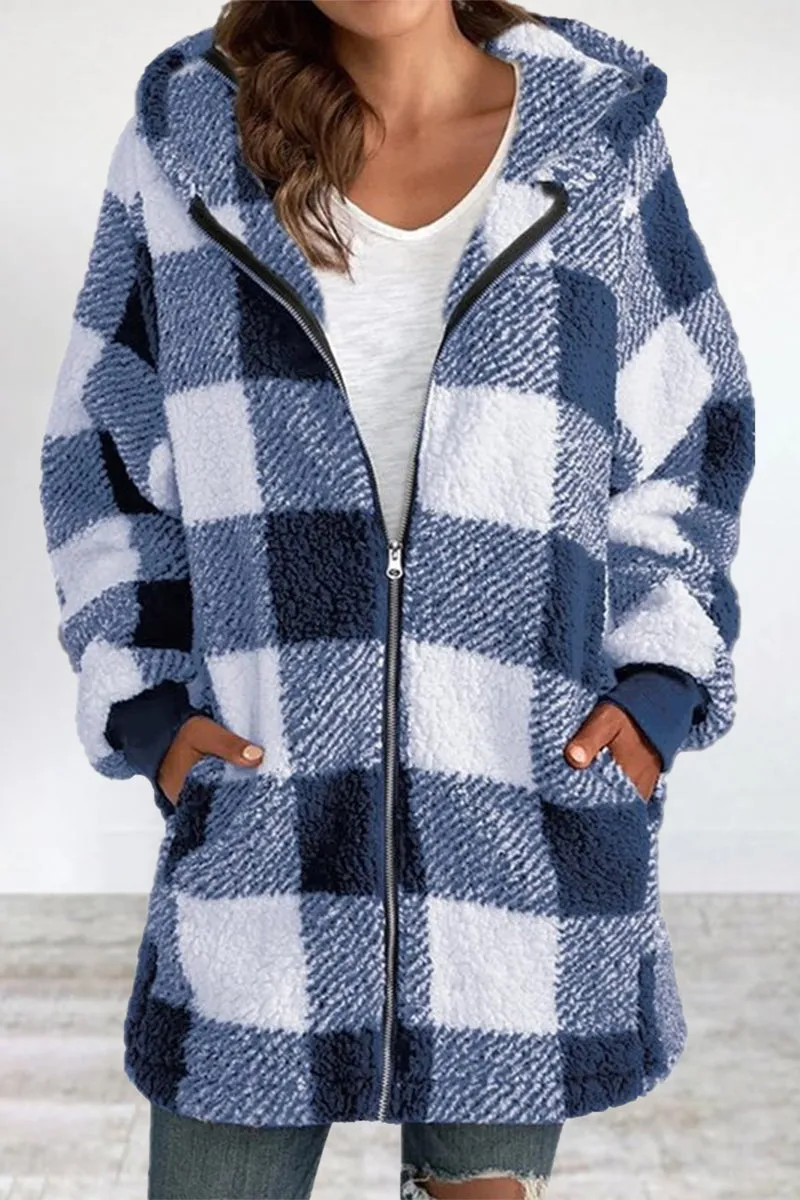 Casual Plaid Frenulum Contrast Zipper Hooded Collar Outerwear