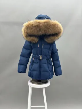 Childrens Navy Luxury Fur Padded Belted Coat