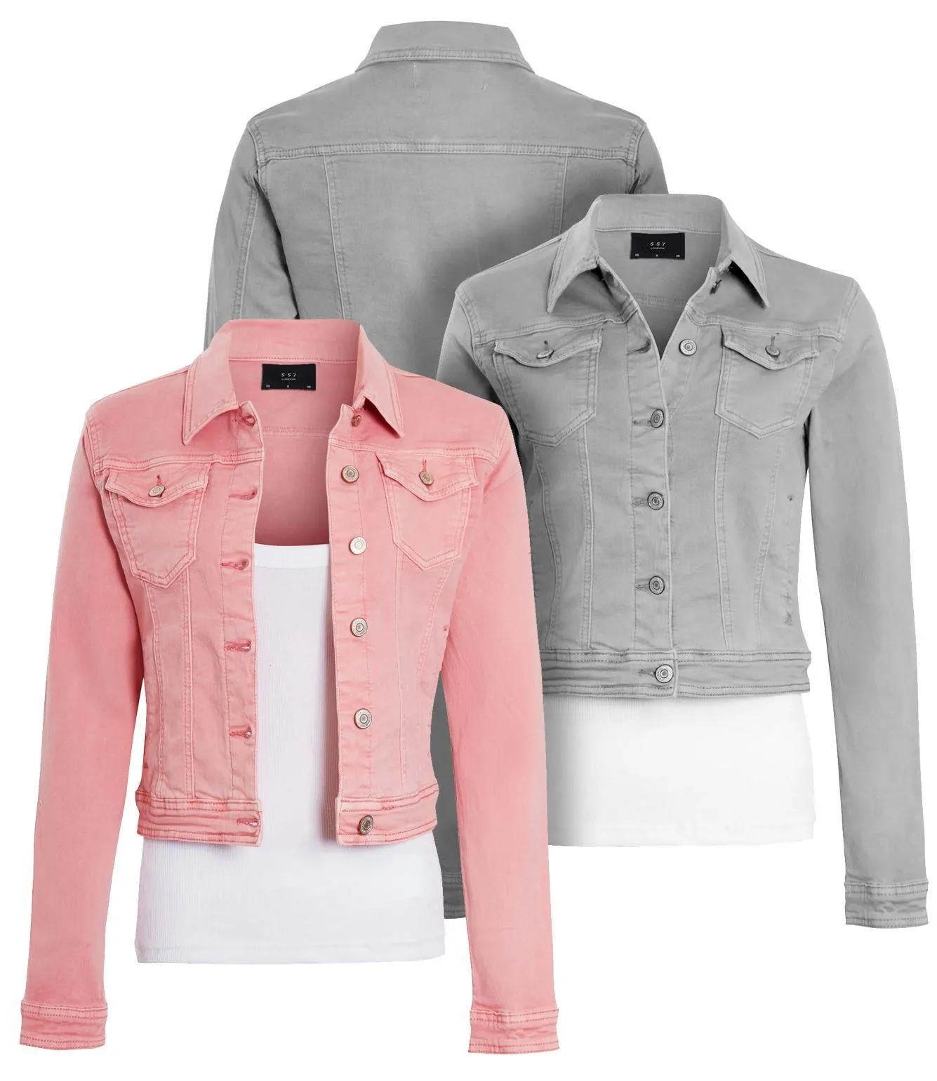 Womens Stretch Denim Jacket Denim Pink & Grey, UK Sizes 6 to 14